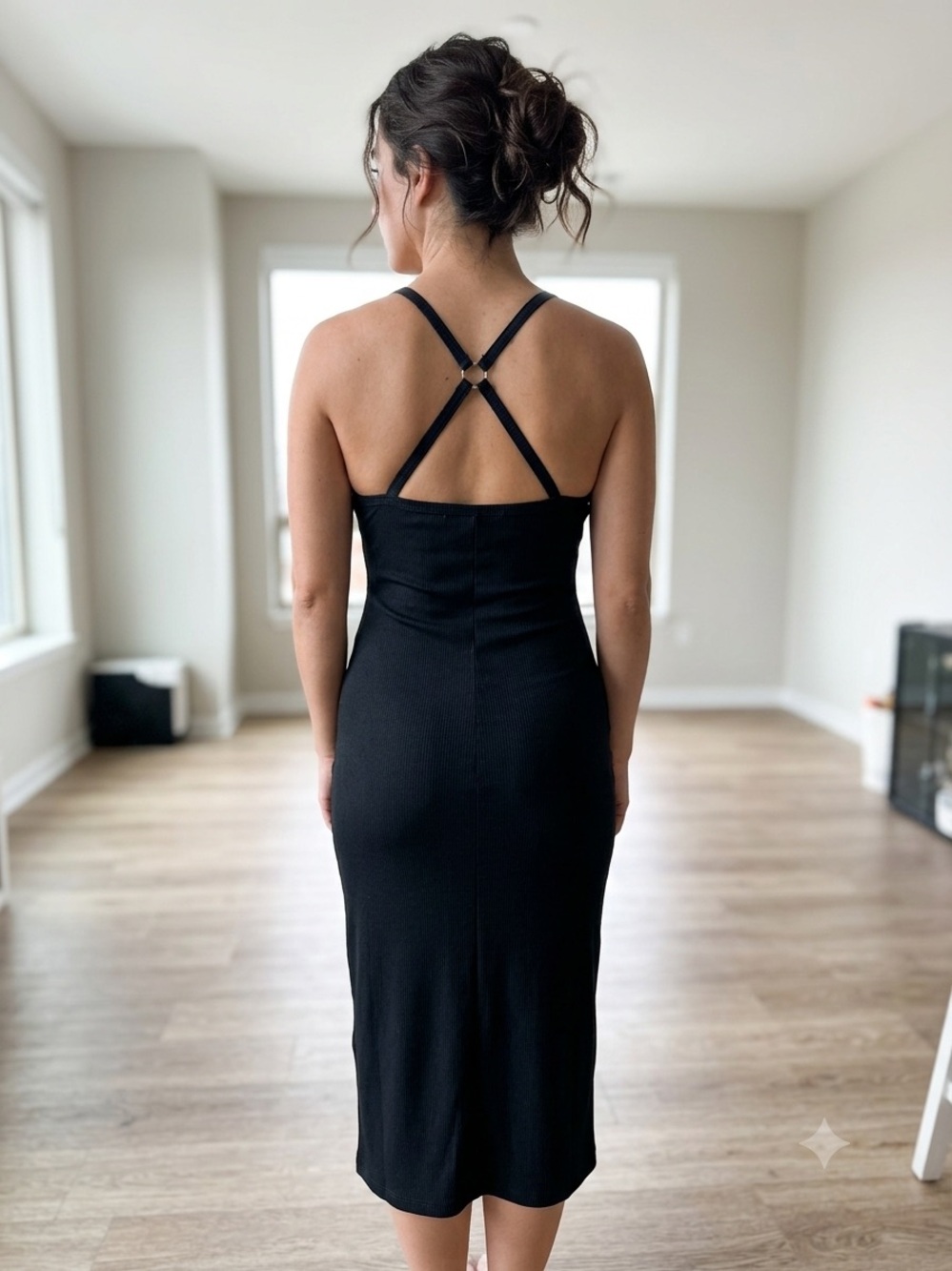 Black Ribbed Knit Midi Dress with O-Ring Straps & Cross Back (Size M)